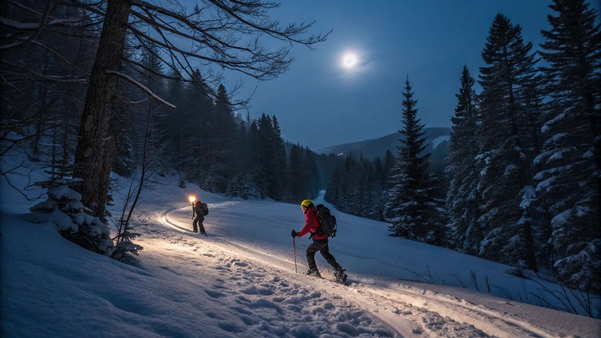 Two skiers follow a moonlit trail through a snowy forest—capturing Norway’s night-skiing vibe.