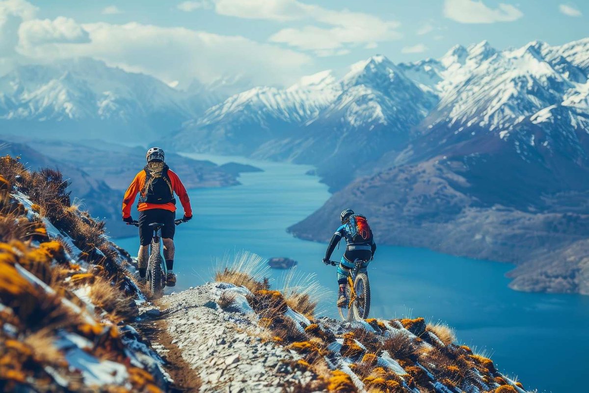 Cyclists ride a narrow mountain trail overlooking a lake.