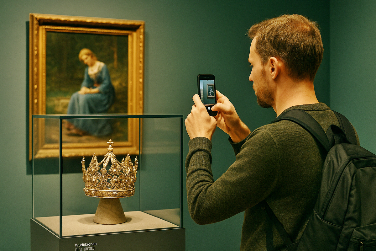 Visitor takes a photo of a golden crown in a museum without flash.