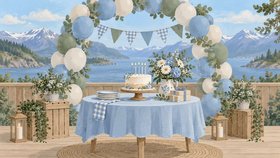 Illustrasjon av et festbord med kake, blomster og gaver under en ballongbue på en terrasse ved en fjord.