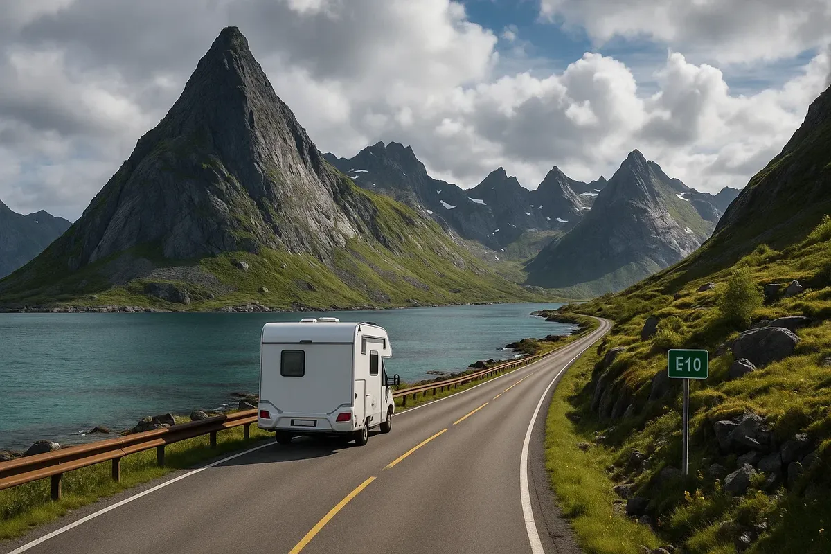 Узкая дорога Е10 на Лофотенах, горы и автофургон на фоне фьорда