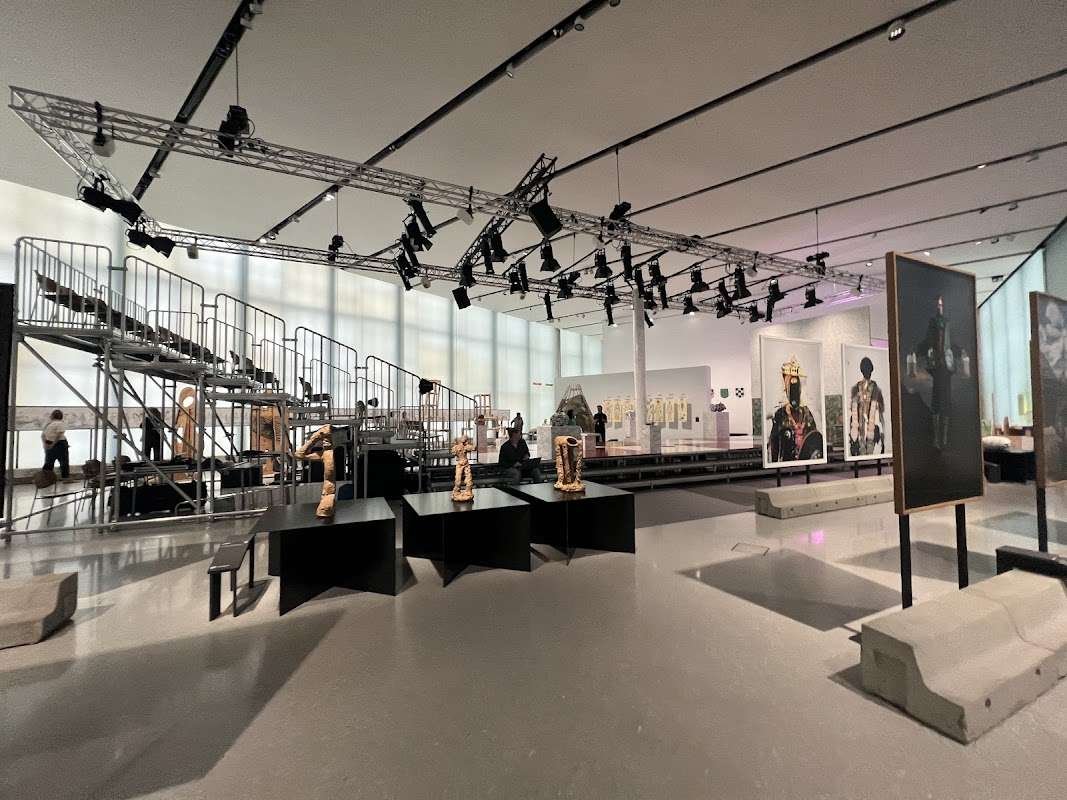 Modern art exhibition hall at the National Museum in Oslo featuring paintings, sculptures, and installations.