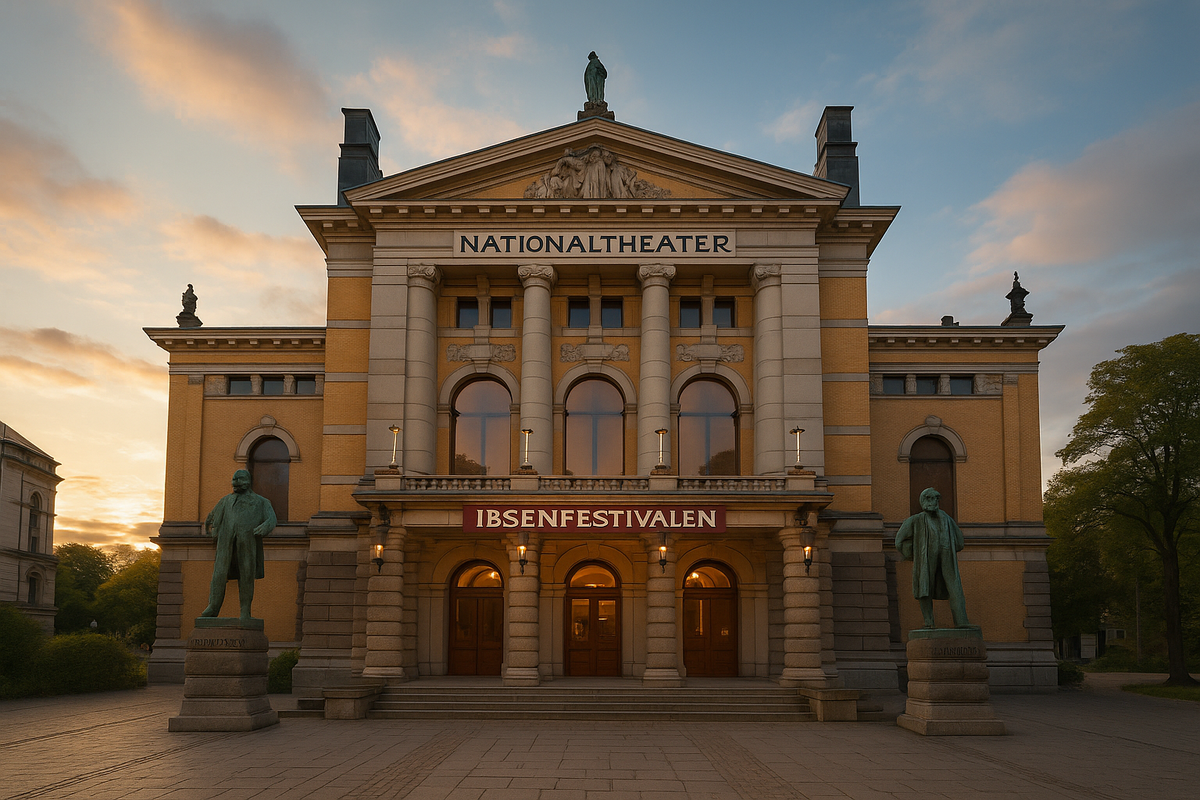 Oslo&#x27;s National Theatre at sunset with the Ibsenfestivalen banner and statues of Ibsen and Bjørnson.