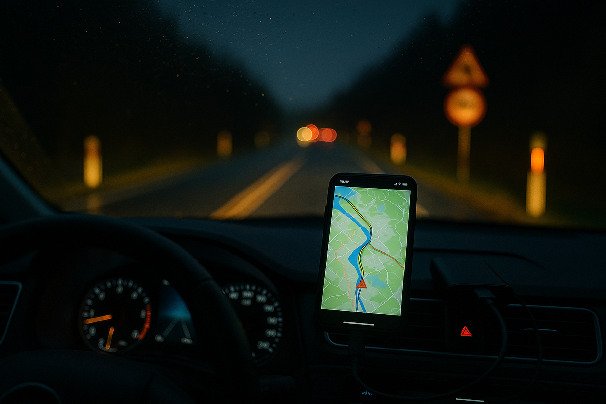 A smartphone with offline maps and a power bank mounted on the dashboard guides a car along a dark, rainy road