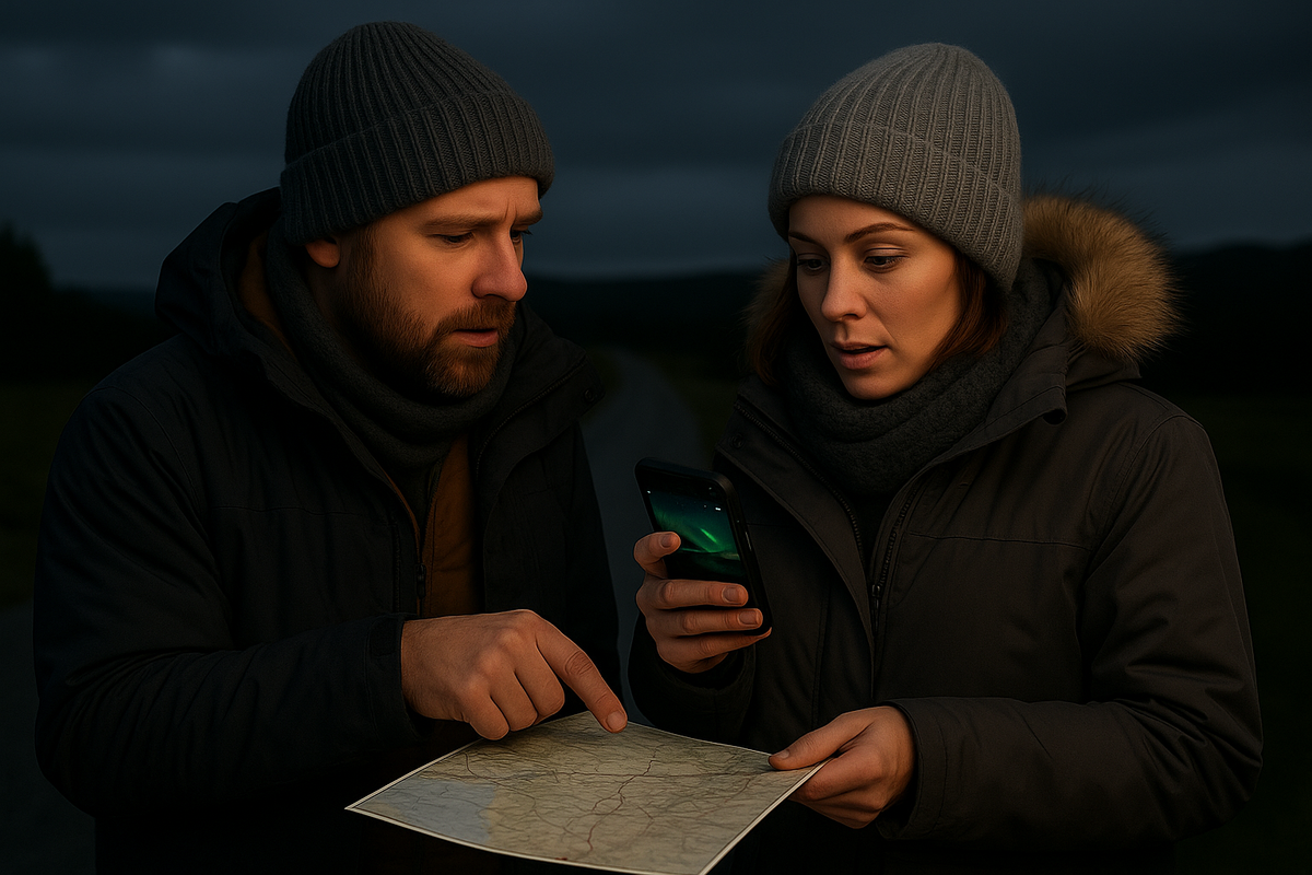 A couple cross-checks a paper map with offline navigation on a phone in the dark—ready for a safe night drive in Norway.