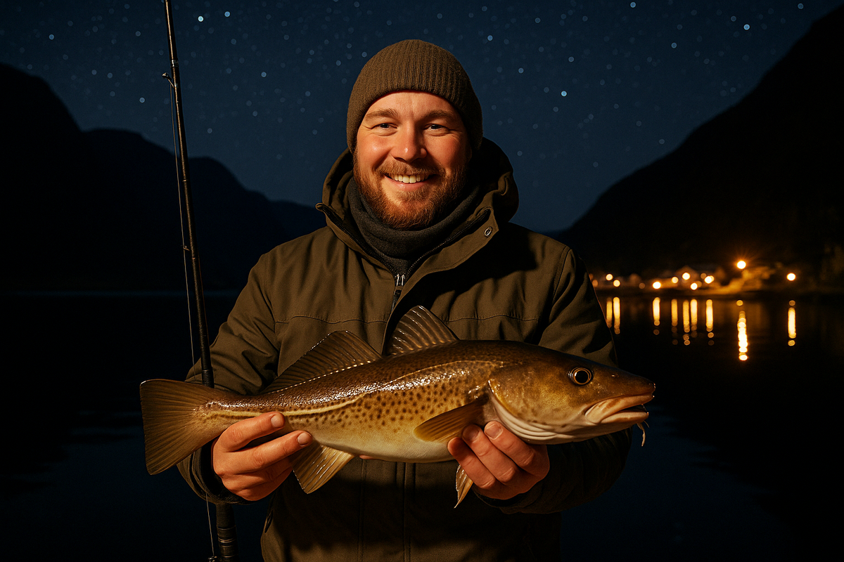 A man holds a caught fish at night by the fjord.
