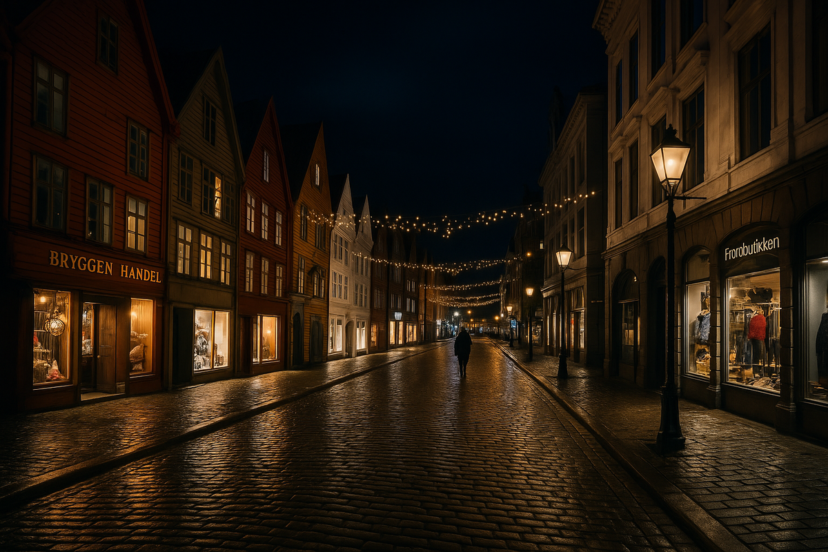 Night market in Bergen with string lights and local goods.