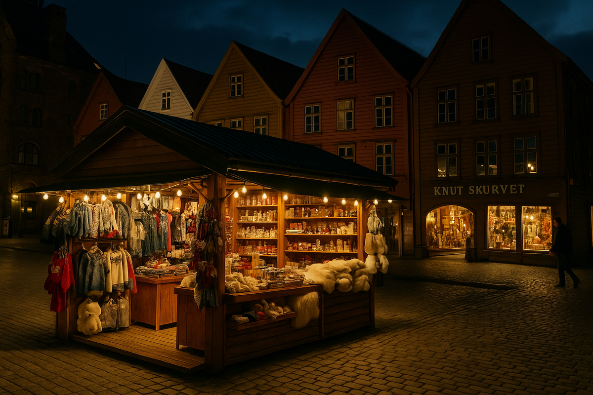 Night street in Oslo with glowing shop windows and shoppers.