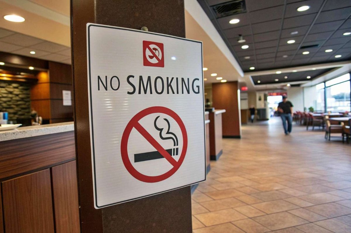 A "No Smoking" sign displayed inside a public indoor space.
