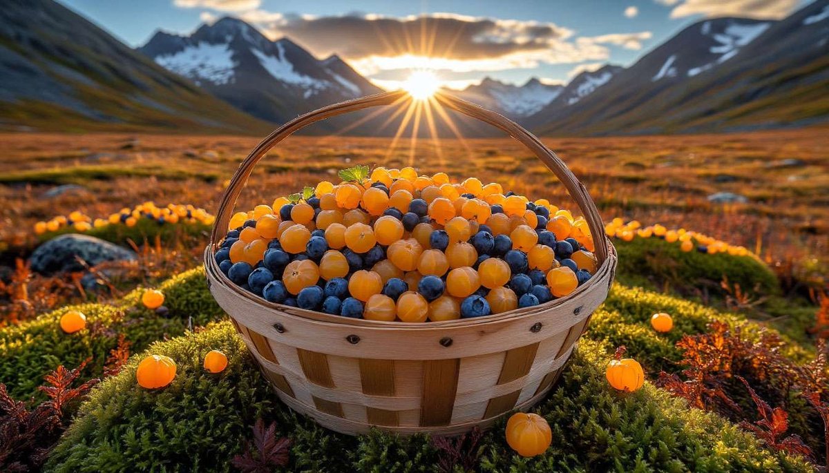 Berry foraging in Oslo-Marka—fresh bilberries drop into a wooden box as hikers taste the Scandinavian right to roam.
