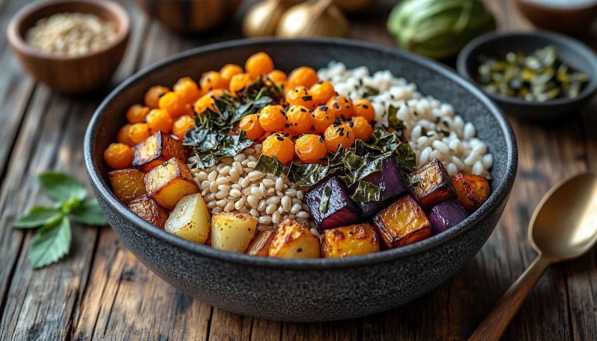 A rainbow of Norway’s plant bounty—root veg, sweet cloudberries and kelp crown the signature Nordic vegan bowl.