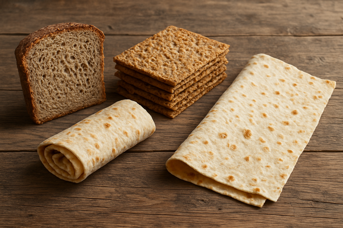 Overhead still life on rough wooden surface; four iconic Norwegian breads arranged with coffee cup and brunost knife.