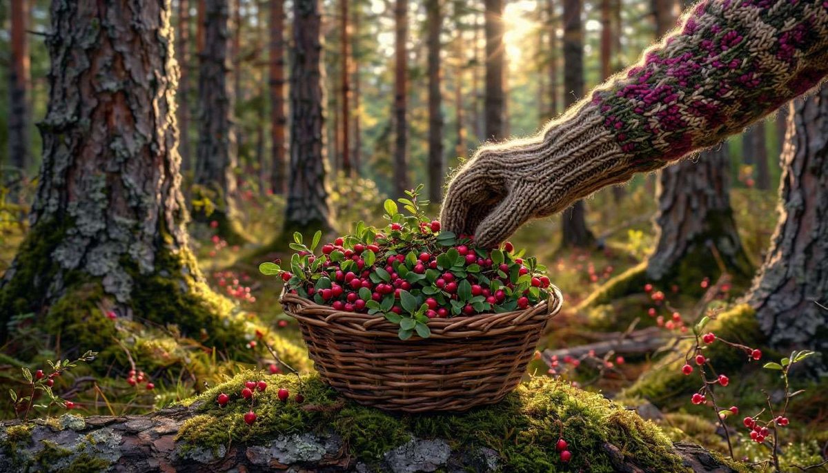 Summer harvest among mossy pines: close-up of forager collecting wild herbs for Norwegian forest-tea blends.