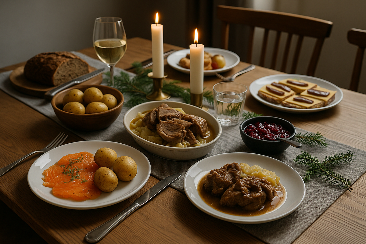 Traditional Norwegian dinner with gravlax, potatoes, meat, and candles on a wooden table.