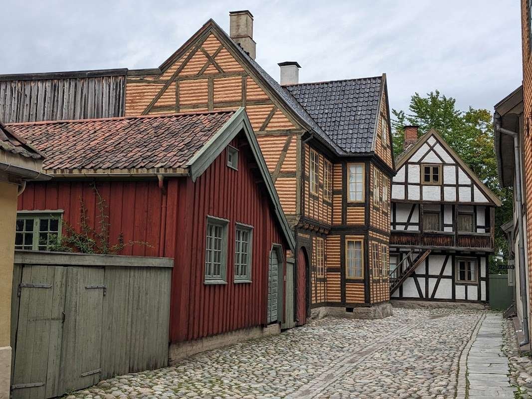 Reconstruction of a street with traditional houses at the Norwegian Museum of Cultural History.