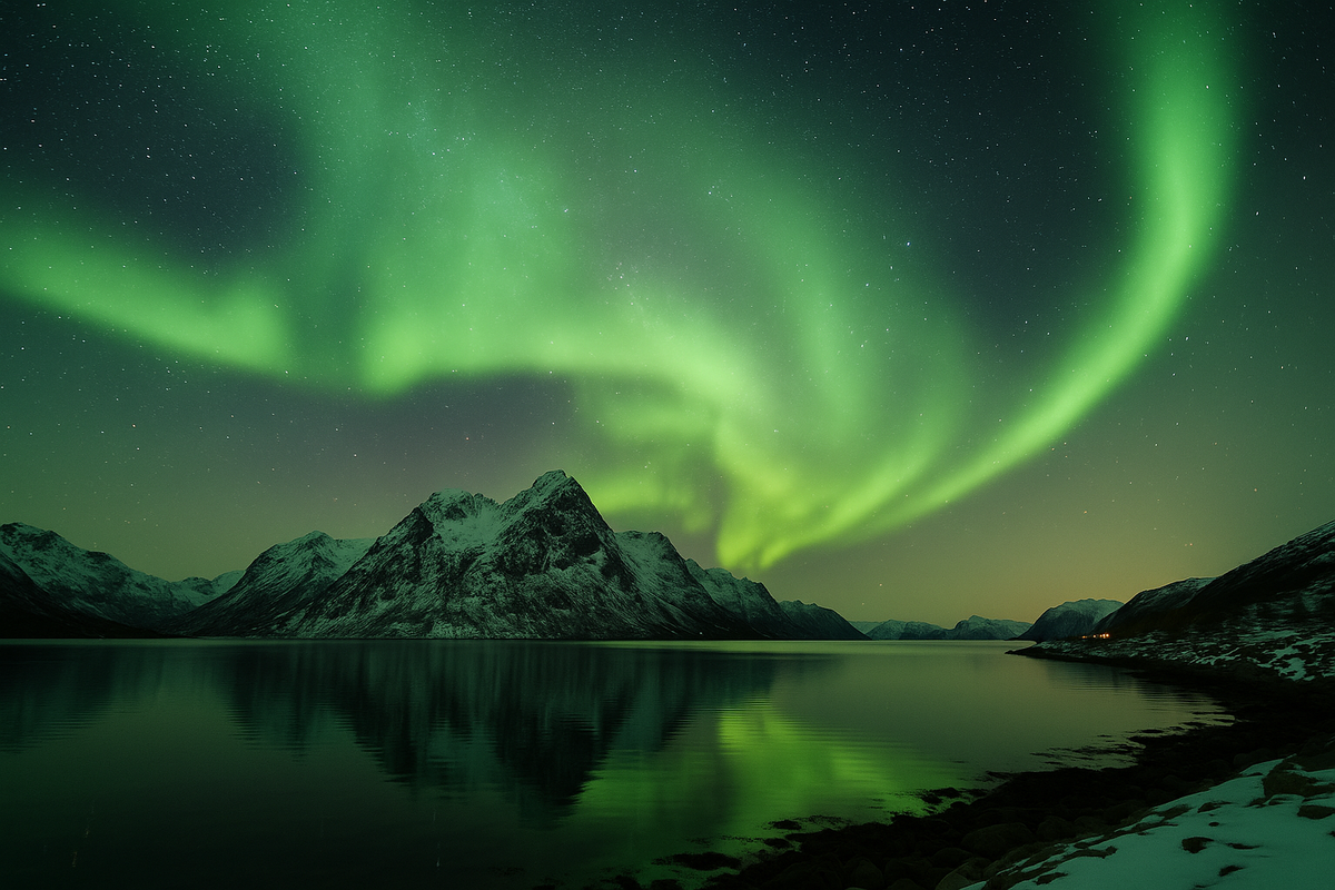 Bright Northern Lights illuminate the night sky over snowy mountains and a calm fjord in Norway.