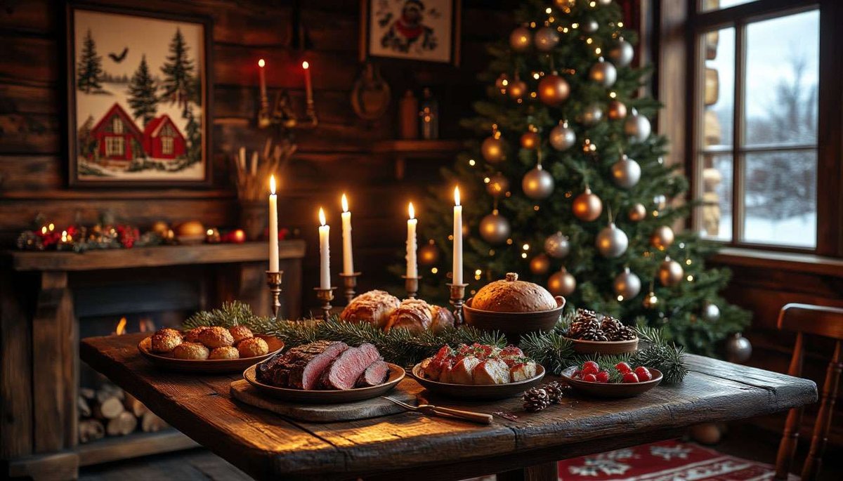 Classic Norwegian Christmas spread glowing with candle-light warmth.