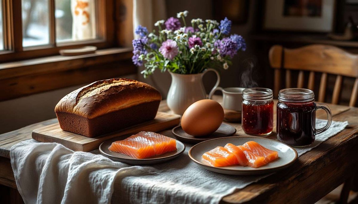 A classic Nordic start—hearty whole-grain slice, bright salmon and svart kaffe fuel a day of fjord adventures.