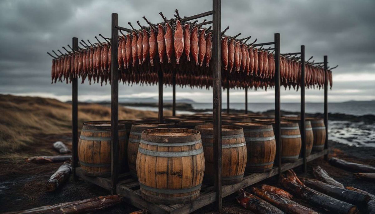 Traditional Norwegian preservation: stockfish racks, salted meat barrels and brunost under a cold coastal sky.