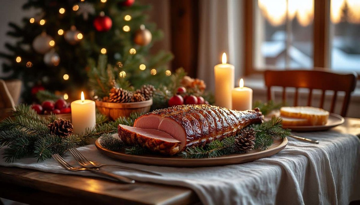 Holiday trinity—Ribbe crackle, birch-scented Pinnekjøtt and iconic Lutefisk unite on a glowing Yuletide table.