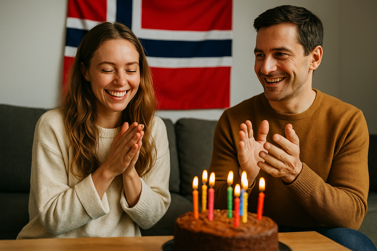 A young Norwegian couple modestly celebrating success at home, with a cake and candles against a flag backdrop.