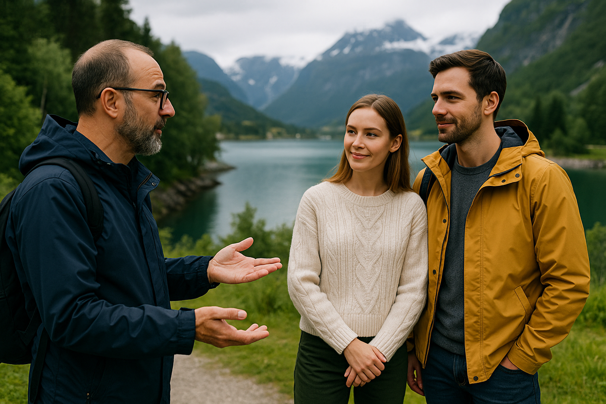 A Norwegian man sharing local culture with tourists against a backdrop of a fjord and mountains.