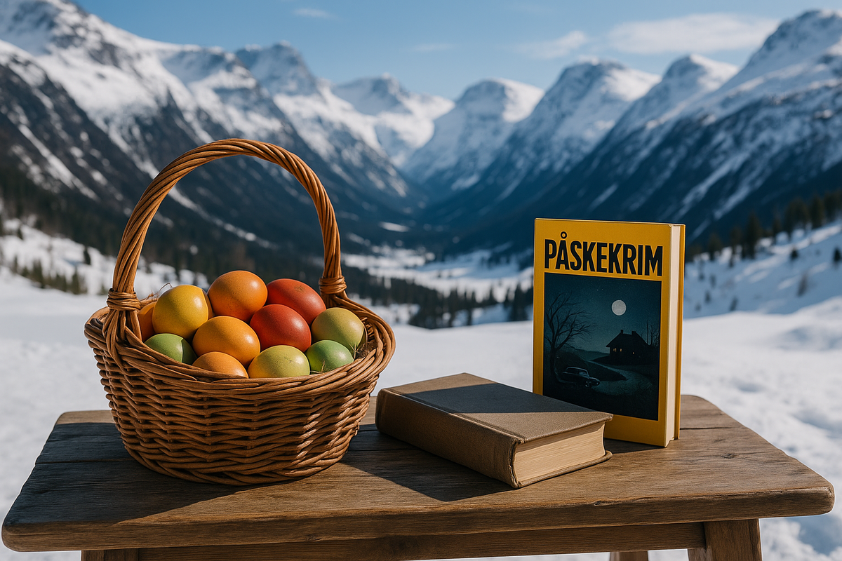 Easter table in the snowy Norwegian mountains with a basket of colorful eggs and the iconic crime novel "Påskekrim" — a cherished Norwegian holiday tradition.