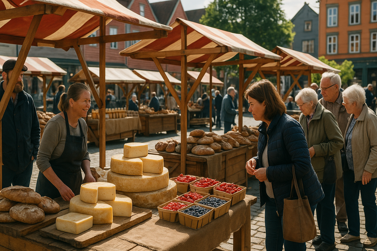Stalls with cheese, bread, berries and honey at a Norwegian farmers market.