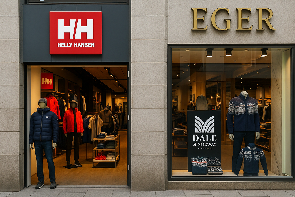 Storefronts of Helly Hansen and Dale of Norway in central Oslo, showcasing Norwegian clothing and accessories.
