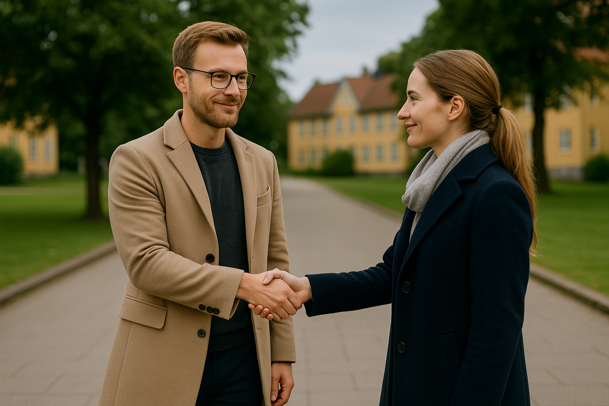 A Norwegian man and woman exchange a handshake on a sunny path with yellow houses in the background.