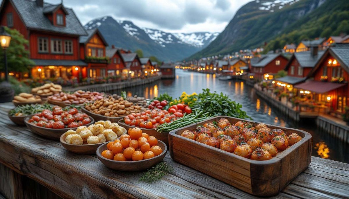 Norwegian outdoor dining featuring local delicacies with a fjord and traditional wooden houses illuminated in the background.