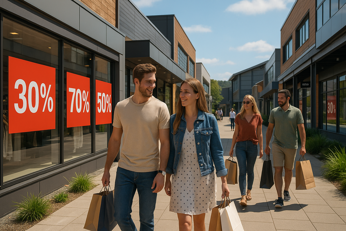 Visitors shopping at a Norwegian outlet with discounts up to 70%.