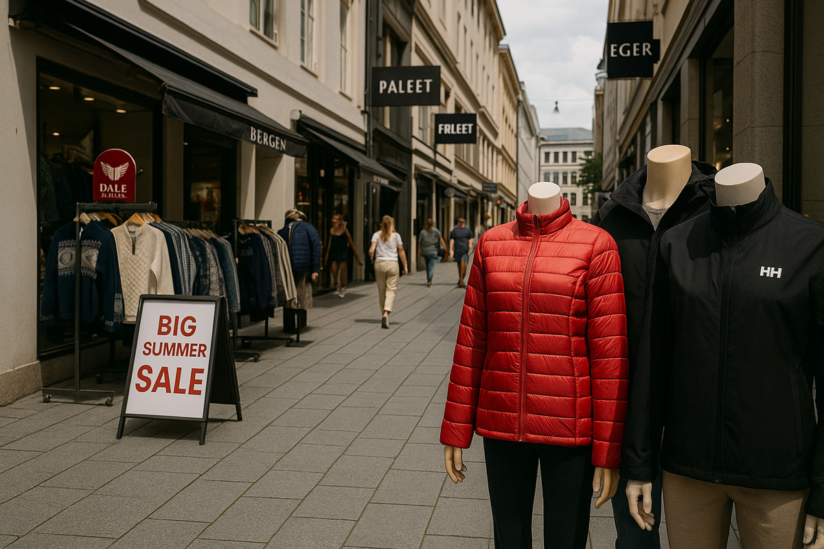 Mannequins in Norwegian brand clothing on a lively shopping street lined with boutiques and summer sales.