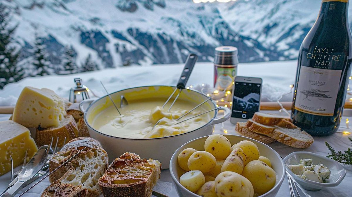 Cheese fondue with potatoes, bread, and wine is served on a table with a mountain view.