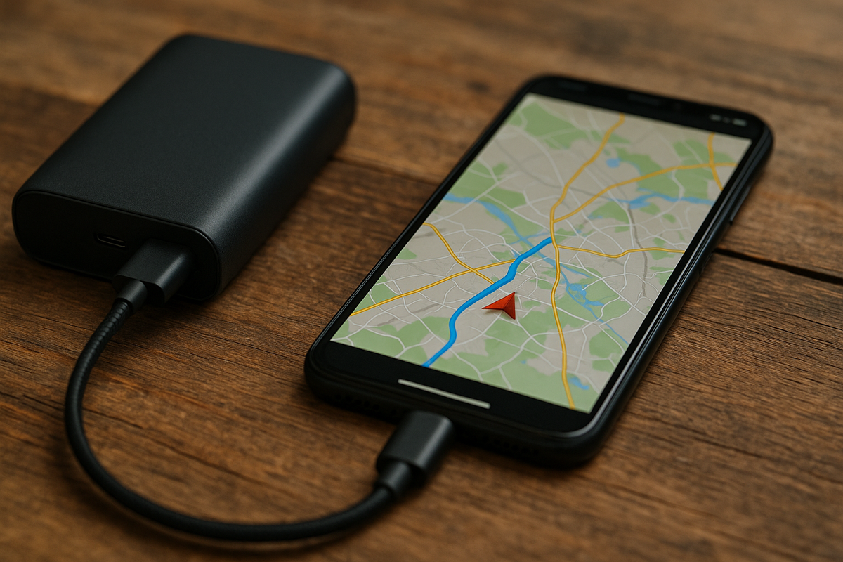 A smartphone with a map connected to a power bank—essential kit for night aurora drives.