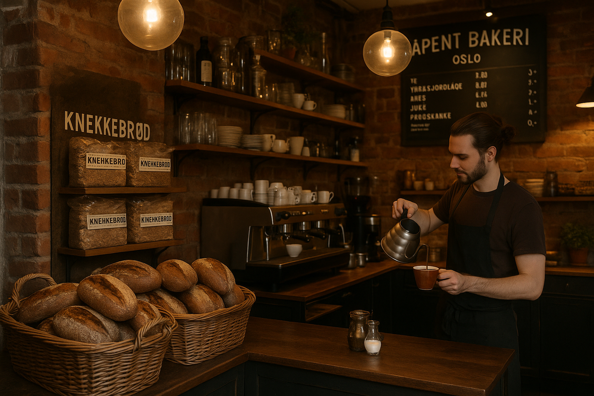 Wide interior shot: Scandinavian bakery, wooden shelves packed with breads, big windows, customers, latte art.
