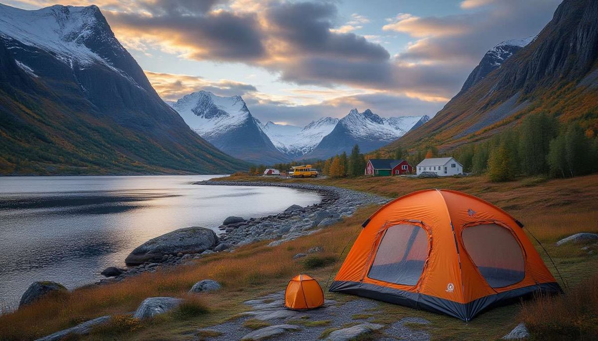 Orange tent campsite by a Norwegian fjord with mountains and a colorful sunset sky