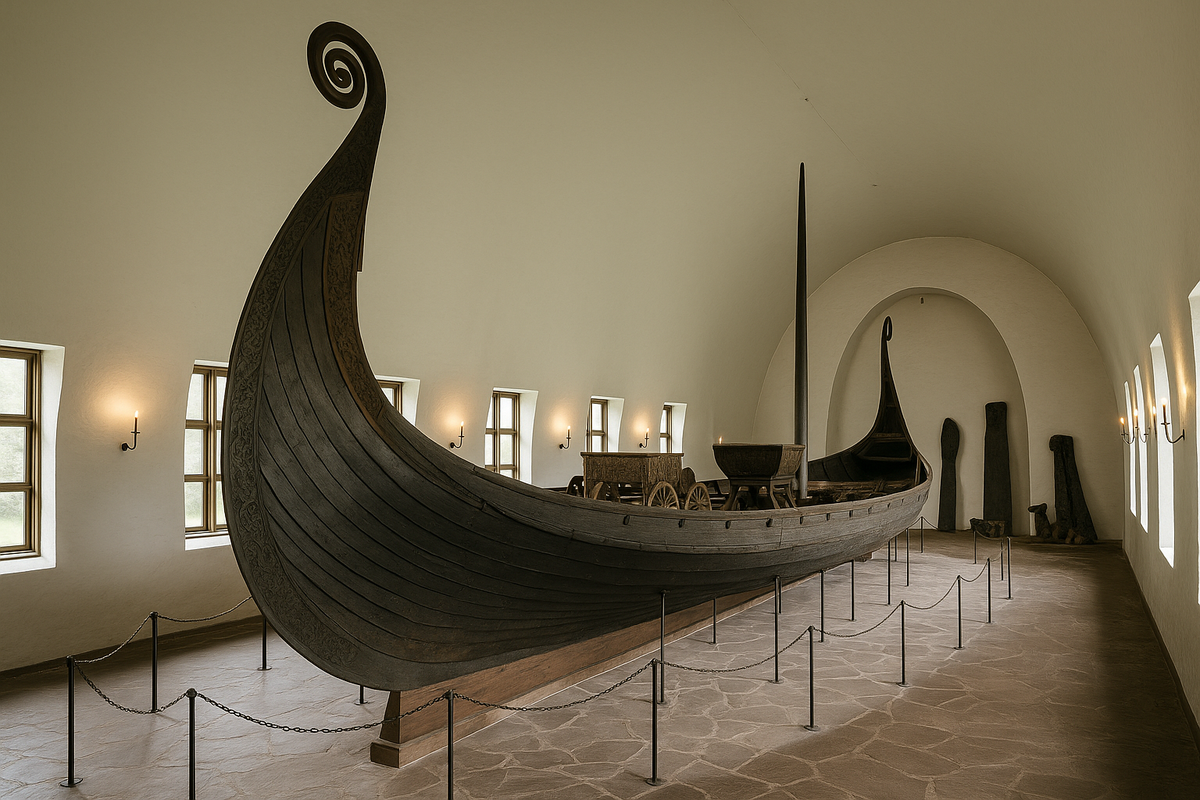 The Oseberg Viking Ship in the Oslo museum, surrounded by artifacts and bathed in soft daylight.