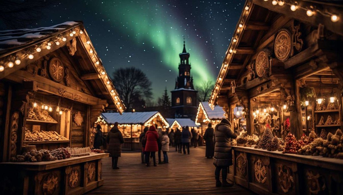 Magical Oslo market—gløgg warmth and northern lights in festive glow.