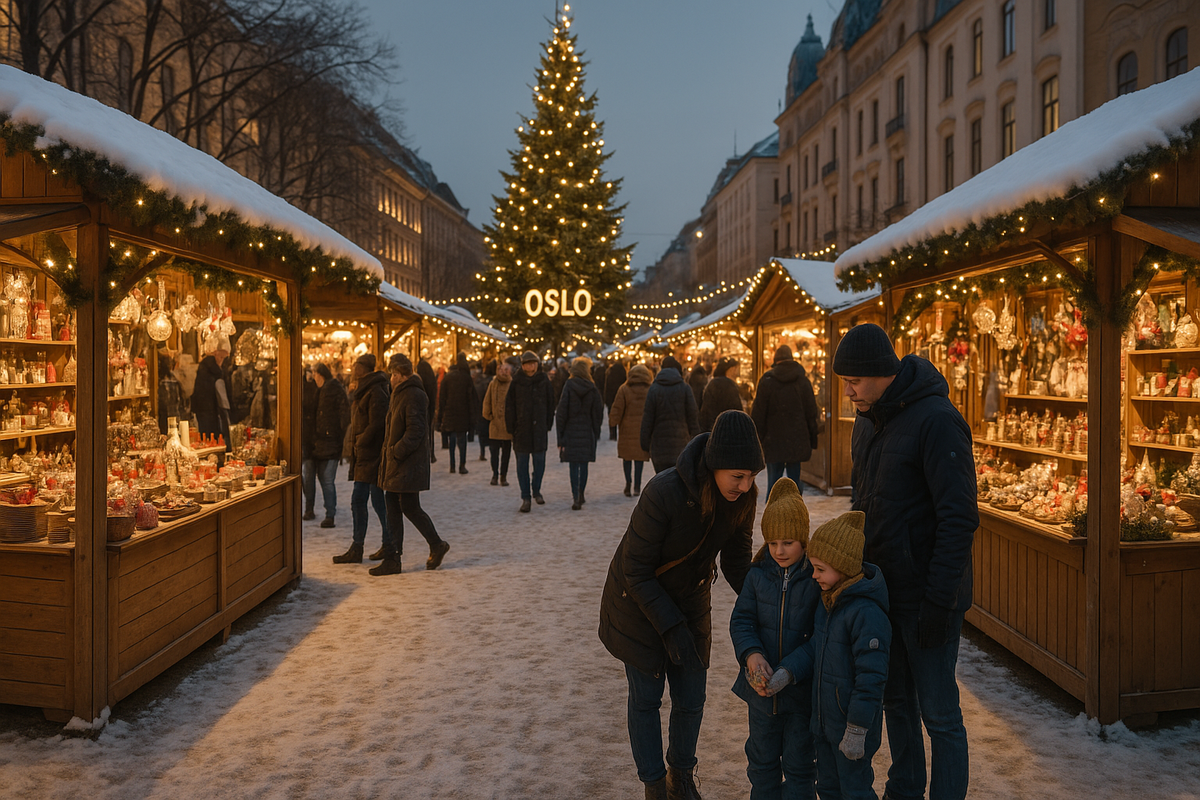 Oslo Christmas market in Norway with festive lights, Christmas tree and cozy winter vibe.