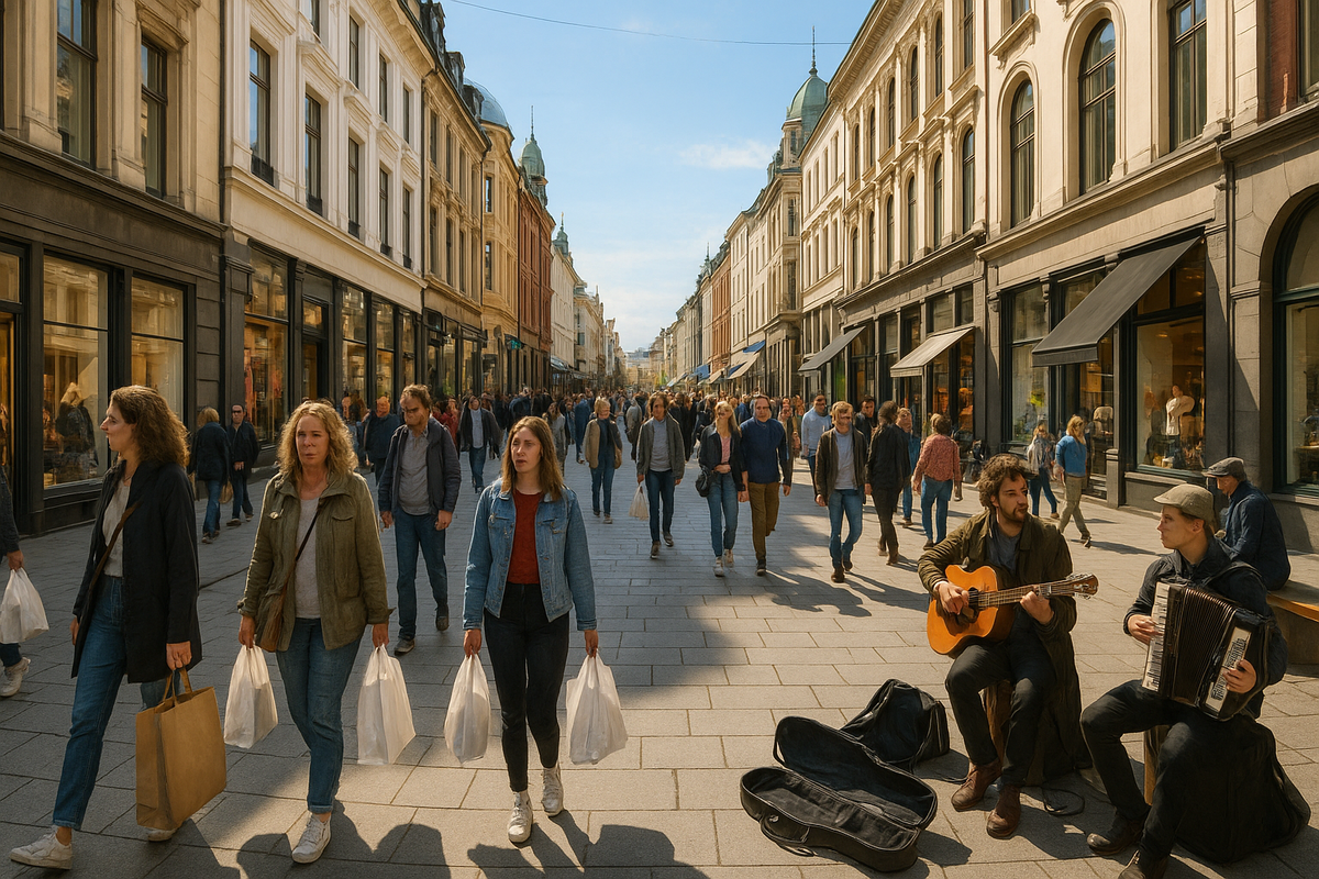 Karl Johans gate shopping street in Oslo with shops and people.