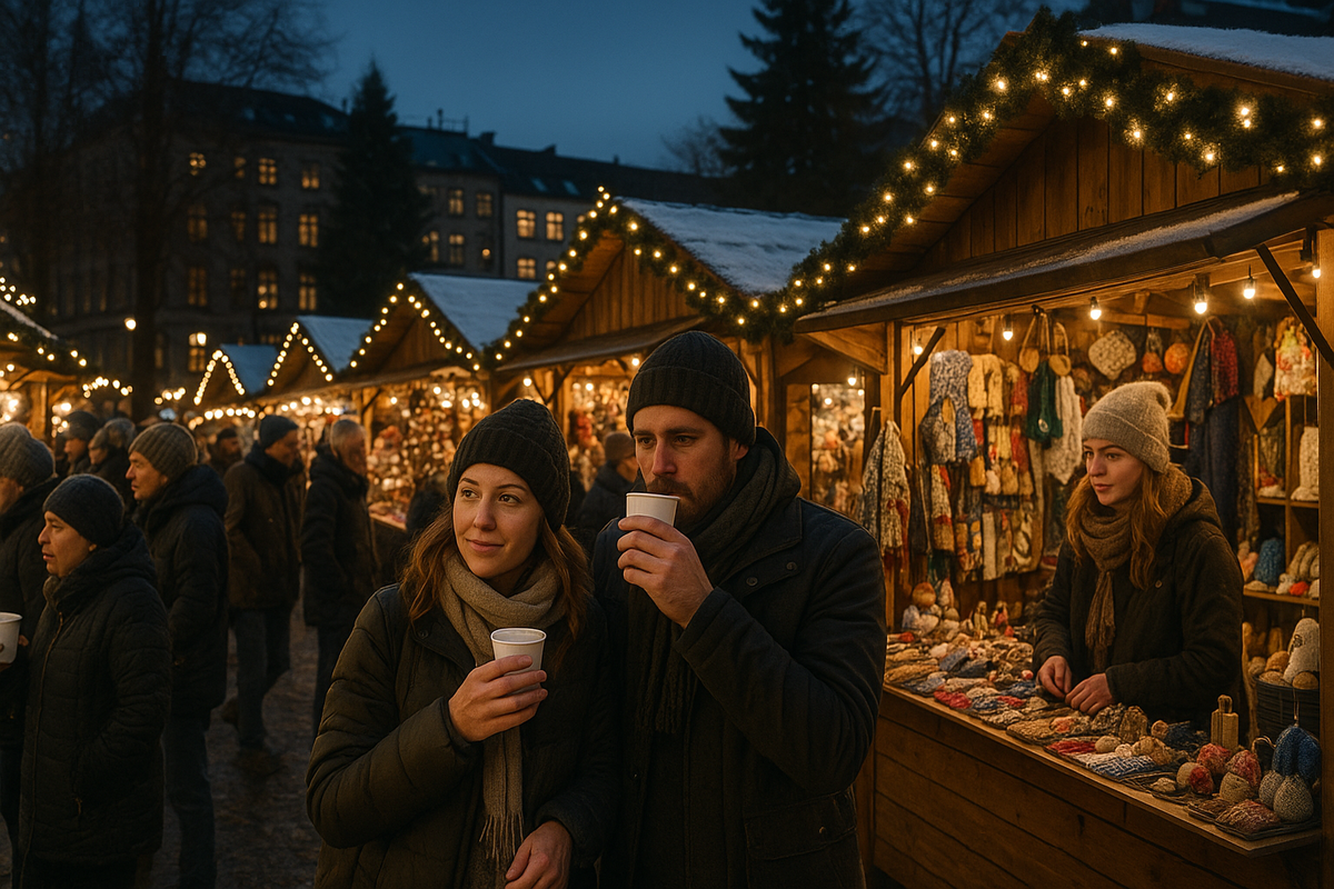 Christmas market at Youngstorget square in Oslo with stalls and shoppers.
