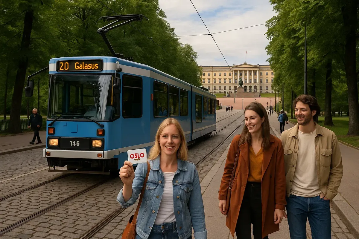 Городской трамвай в Осло рядом с парком дворца, туристы с Oslo Pass.