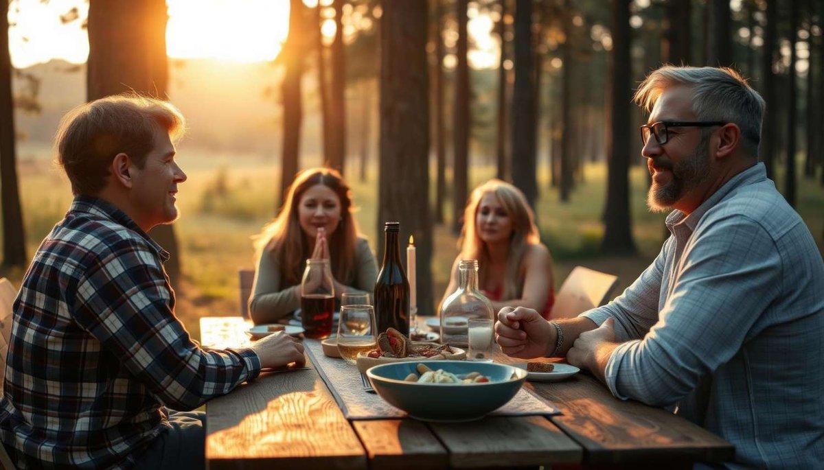 A group of people dining at a wooden table outdoors in the forest.