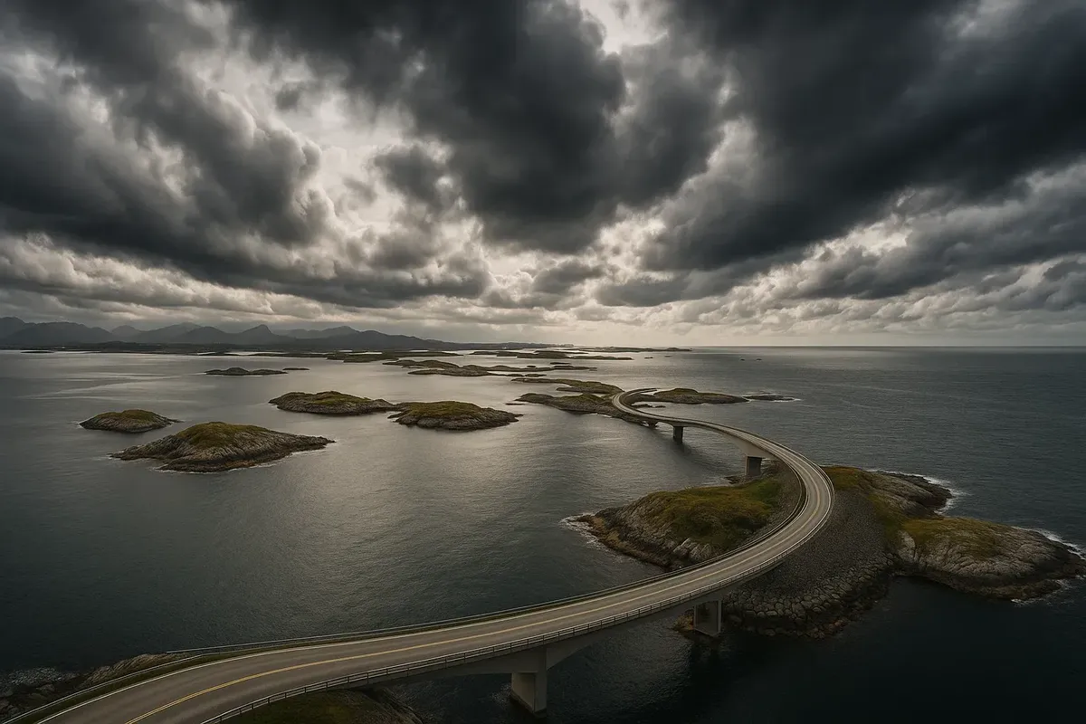Classic bird’s-eye perspective of the whole Atlanterhavsveien — мосты как змейка над океаном