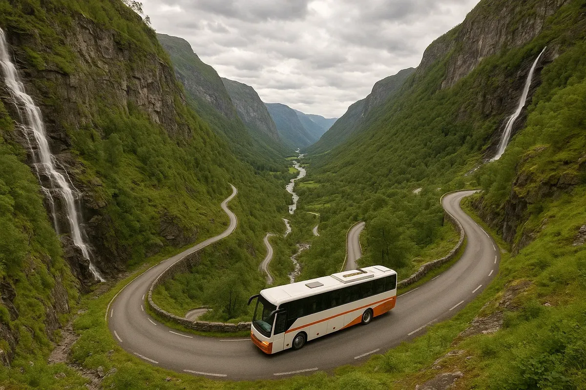 Bus section of Nutshell with serpentine and waterfalls