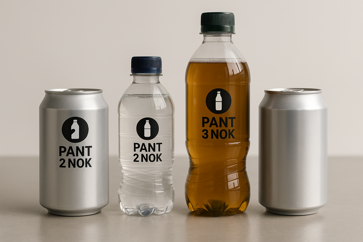 Beverage containers with Pant deposit labels showing 2 NOK and 3 NOK refund values.