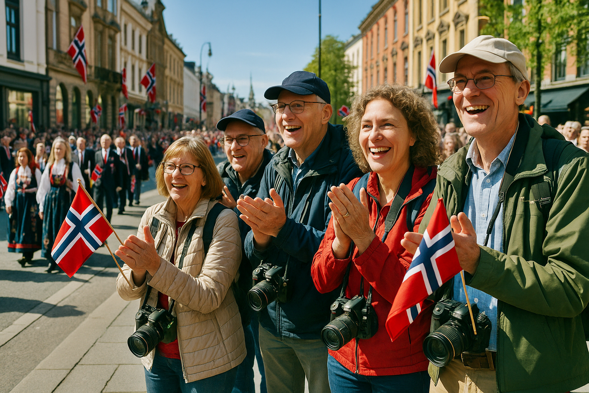 A group of spectators with cameras and Norwegian flags applaud during the parade.