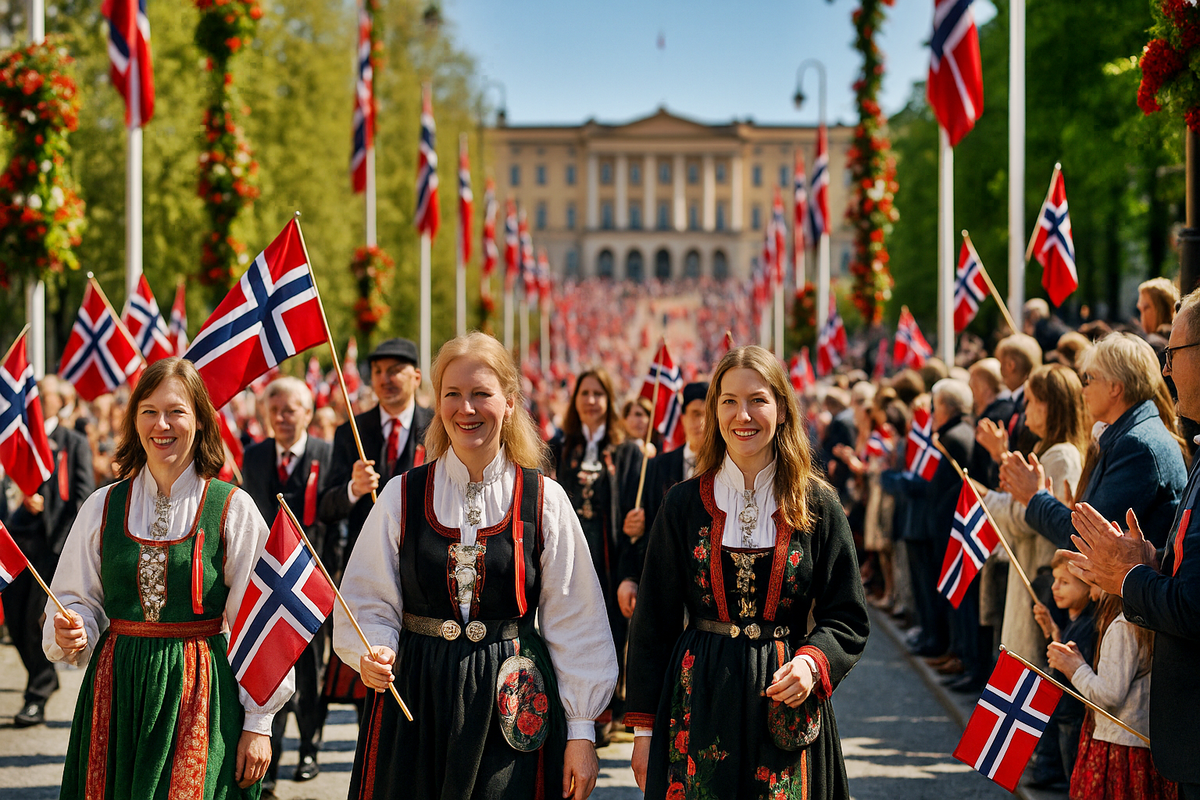 People in traditional costumes walk down the street with Norwegian flags.