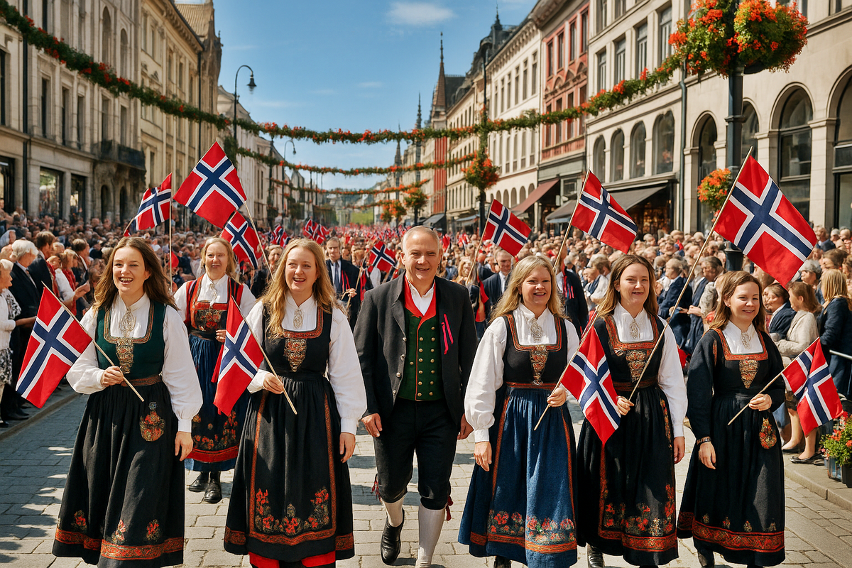 Parade participants in traditional costumes carry Norwegian flags along Oslo’s main street.